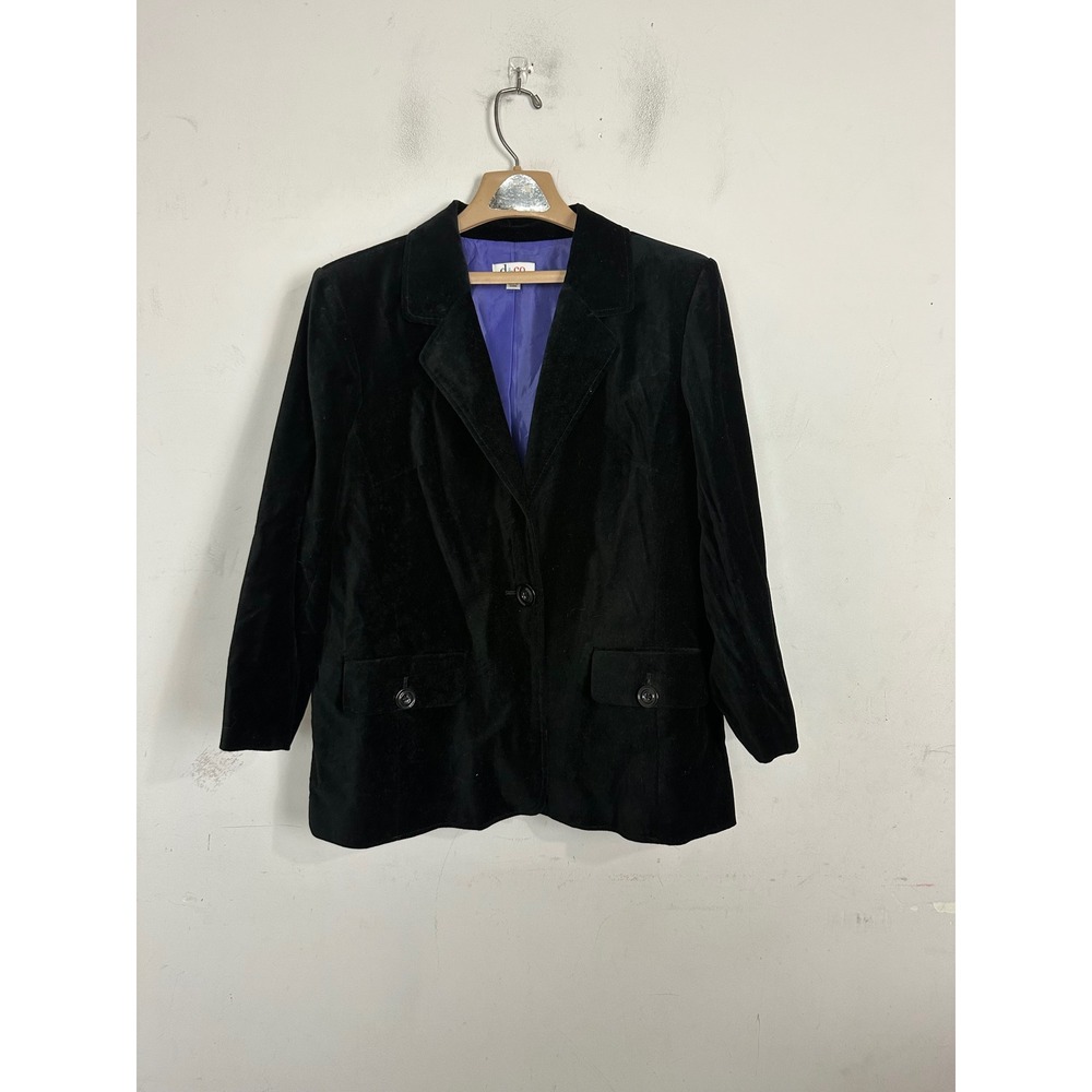 Denim & Co Black Velvet Blazer Jacket Womens Large Purple Lining Button Front